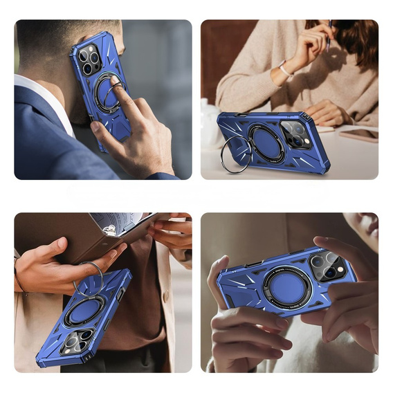 Carcasă pentru iPhone 16 Pro, blindată cu suport și placă pentru mâner, albastru