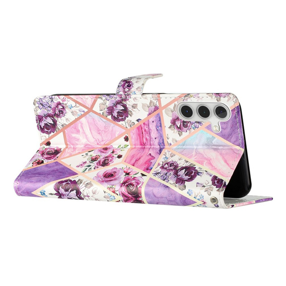 Cu clapetă pentru Samsung Galaxy A25 5G, Wallet, marble & flowers, roz + sticlă 9H