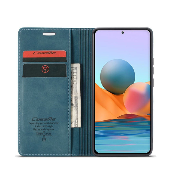 Husa CASEME pentru Xiaomi Redmi Note 10 Pro, Leather Wallet Case, albastru