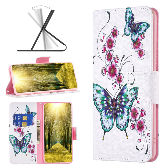 Cu clapetă pentru Xiaomi Redmi Note 13 5G, Wallet, Butterflies & Flowers alb