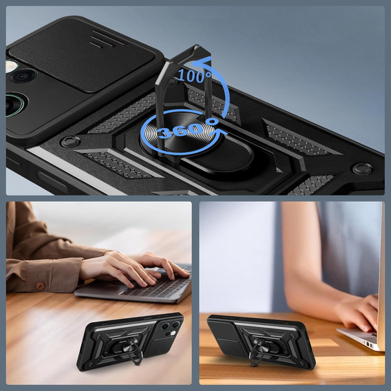 Husă blindată pentru Oppo Reno 14F, cu protecție pentru cameră, cu suport, negru