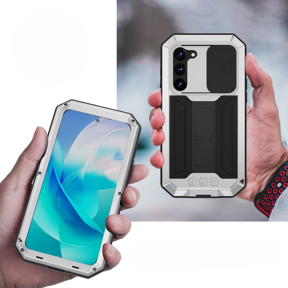 Husă blindată pentru Samsung Galaxy S23, R-JUST CamShield Slide, argintiu / negru