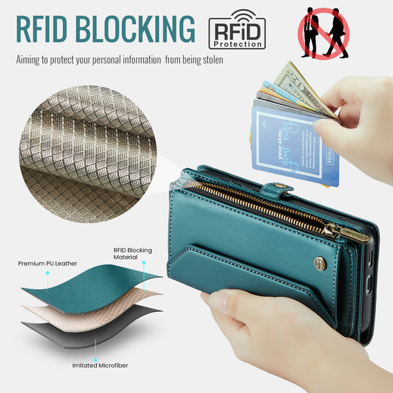 Husă CASEME pentru Samsung Galaxy S25 FE, RFID Leather Wallet, cu curea de umăr, verde