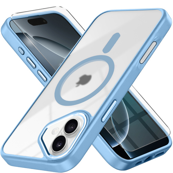 Husă pentru iPhone 16, pentru MagSafe, ERBORD Matt Case, transparent / albastru + sticlă pentru ecran