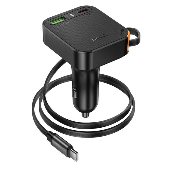 Încărcător auto Hoco cu ieșire triplă și cablu USB-C retractabil de 65 W