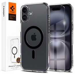 Carcasă MagSafe Spigen pentru iPhone 16, Ultra Hybrid, transparent / negru + 9H Tempered Glass