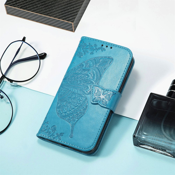 Cu clapetă pentru Xiaomi Redmi Note 14 4G, Butterfly, albastru
