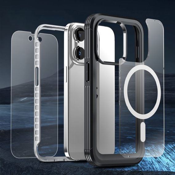 Carcasă pentru iPhone 15 Pro, blindată Full Protect 360° pentru MagSafe, sticlă pentru ecran, negru