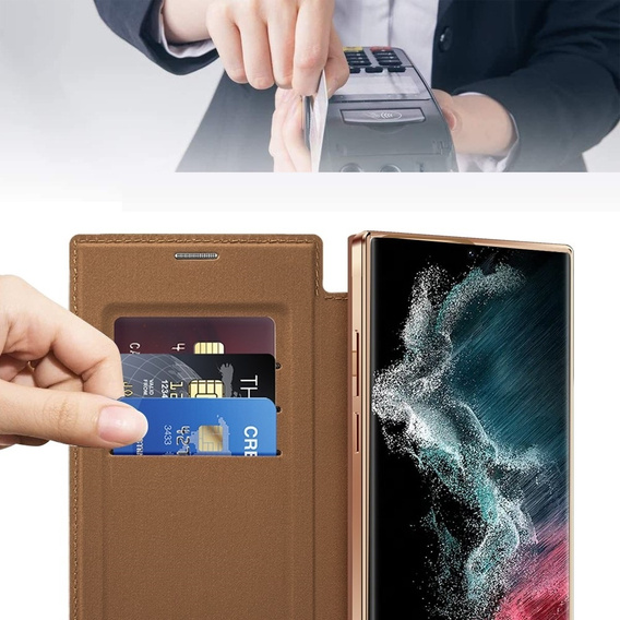 Cu clapetă pentru Samsung Galaxy S22 Ultra 5G, RFID Wallet MagSafe CamShield, maro