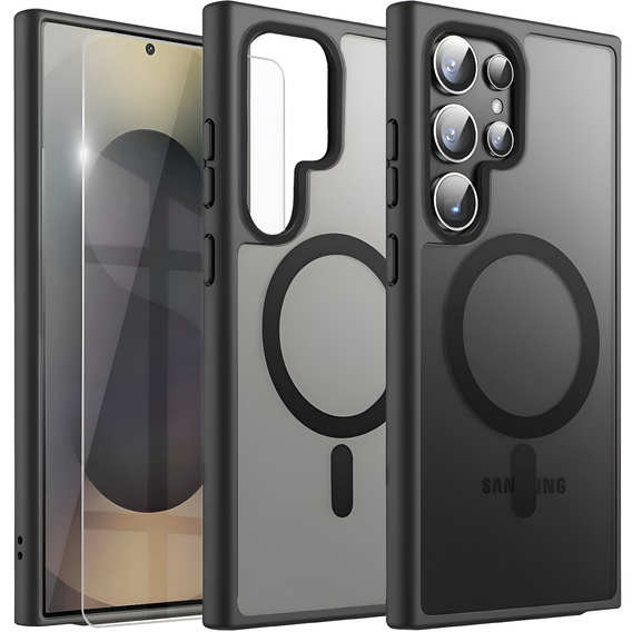Husă pentru Samsung Galaxy S25 Ultra, pentru MagSafe, ERBORD Matt Case, negru + sticlă pentru ecran