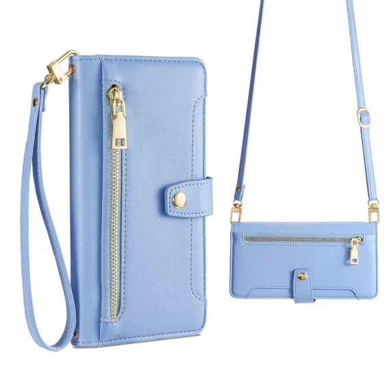 Cu clapetă pentru iPhone 16E, Wallet Zipper Pocket, albastru