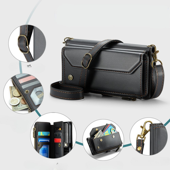 Husă CASEME pentru iPhone16e, RFID Leather Wallet, cu curea de umăr, negru