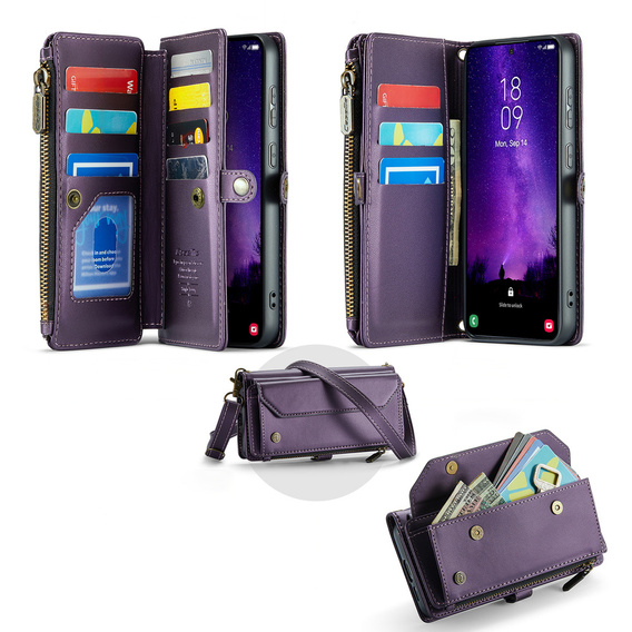 Husă CASEME pentru Samsung Galaxy S25 FE, RFID Leather Wallet, cu curea de umăr, violet