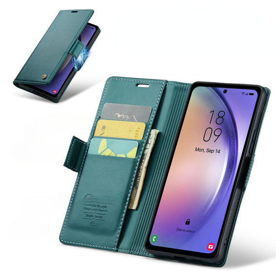 Husa cu clapetă CASEME pentru Samsung Galaxy A54 5G, Litchi Wallet, verde