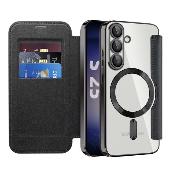 Cu clapetă pentru Samsung Galaxy S25+ Plus, RFID Wallet MagSafe CamShield, negru