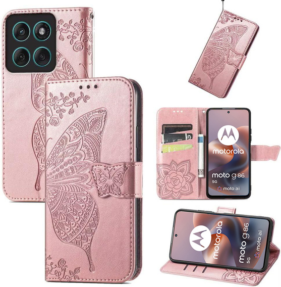 Cu clapetă pentru Motorola Moto G86 5G, Butterfly, roz rose gold