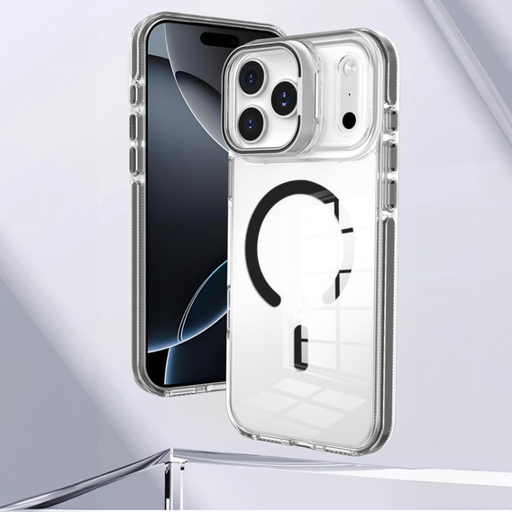 Husă pentru iPhone 17 Pro, pentru MagSafe, cu suport, transparentă cu inserții negre