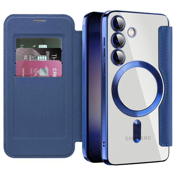 Cu clapetă pentru Samsung Galaxy S24, RFID Wallet MagSafe CamShield, albastru închis
