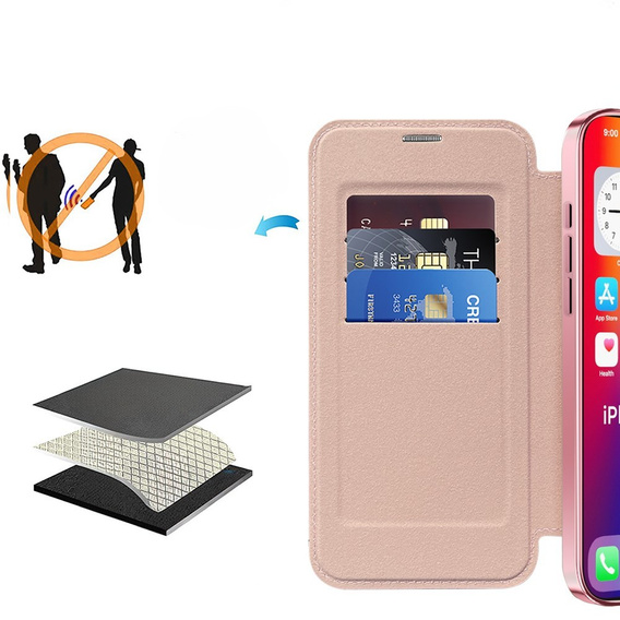 Cu clapetă pentru iPhone 16 Pro Max, RFID Wallet MagSafe CamShield, roz