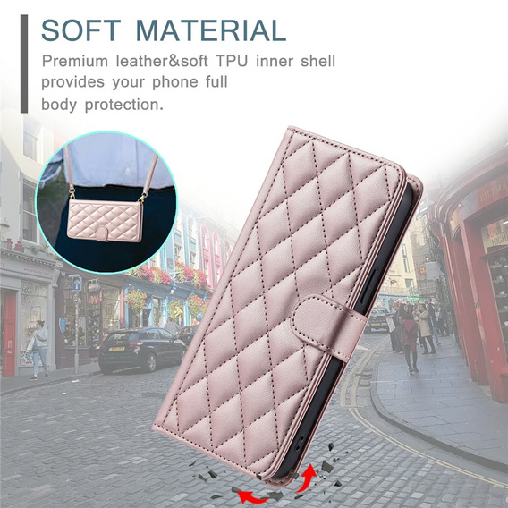 Husă cu clapetă pentru Samsung Galaxy S25 FE, Rhombus Crossbody Leather, roz rose gold