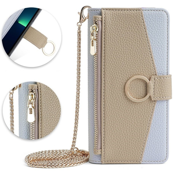 Carcasă flip pentru iPhone 15 Pro, Wallet Zipper Pocket, cu oglindă, albastru