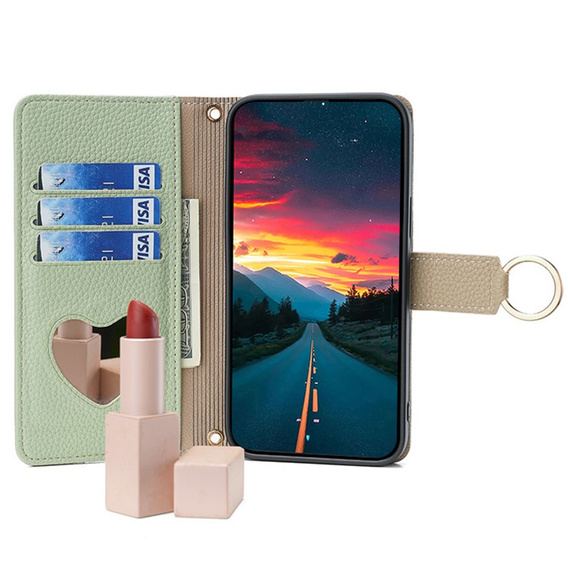 Carcasă flip pentru Motorola Edge 40 Neo 5G, Wallet Zipper Pocket, cu oglindă, verde
