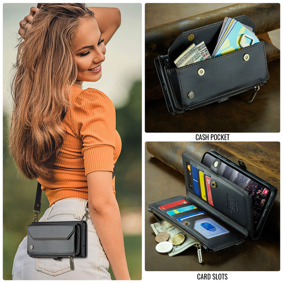 Husă CASEME pentru Samsung Galaxy S25 FE, RFID Leather Wallet, cu curea de umăr, negru