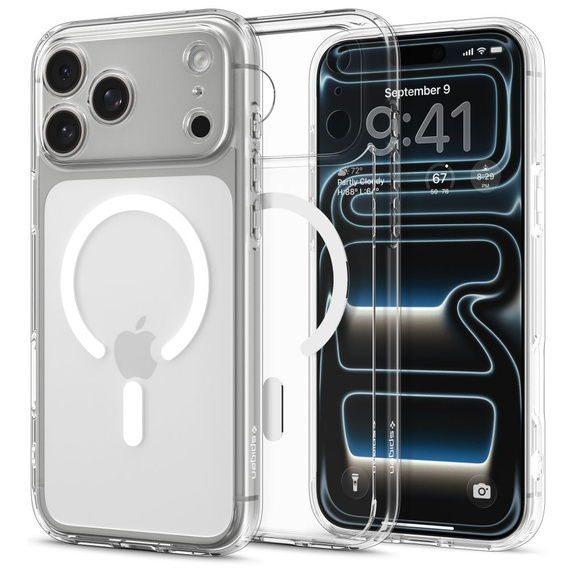 Carcasă Spigen Ultra Hybrid MagSafe pentru iPhone 17 Pro, transparentă / albă