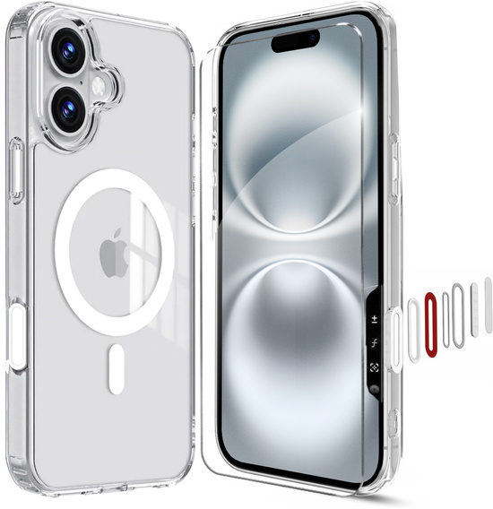 Carcasă ERBORD MagSafe pentru iPhone 16, buton activ, transparentă + Sticlă pentru ecran