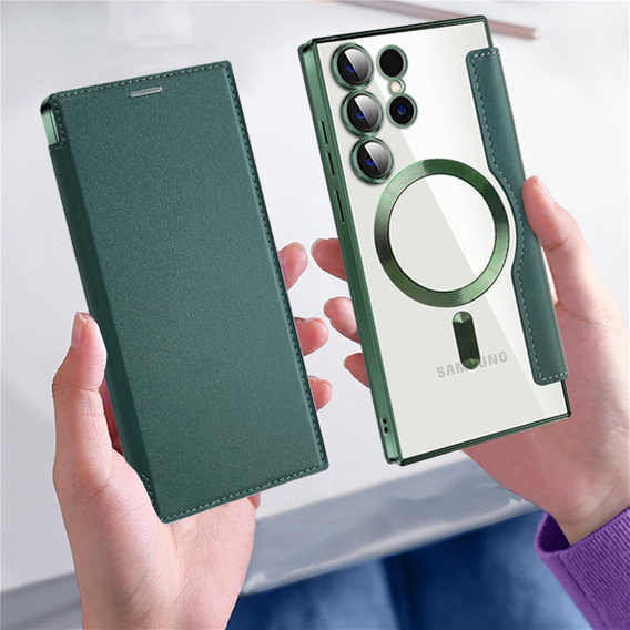 Cu clapetă pentru Samsung Galaxy S24 Ultra, RFID Wallet MagSafe CamShield, verde