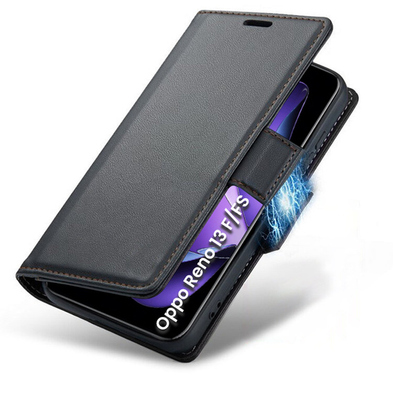 Husă pentru Oppo Reno 13F / Oppo Reno 13FS, ERBORD Glossy Litchi, portofel cu clapetă, negru