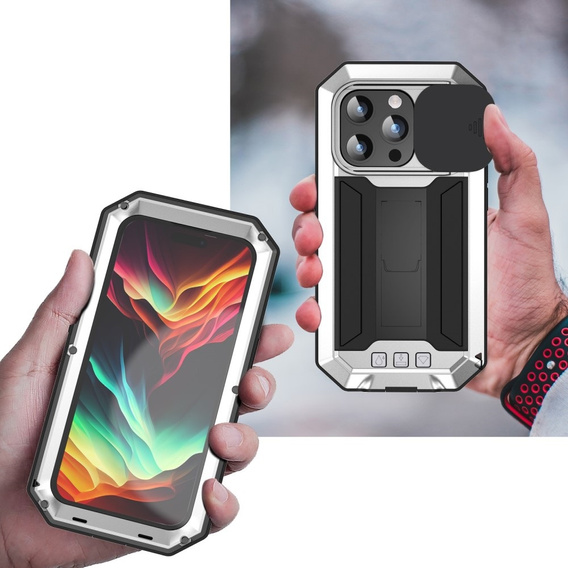 Husă pentru iPhone 15 Pro Max, R-JUST CamShield Slide, armată, de argint / negru