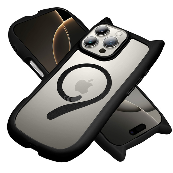 Husă pentru iPhone 16 Pro, pentru MagSafe, Cute Cat, negru + sticlă pentru ecran