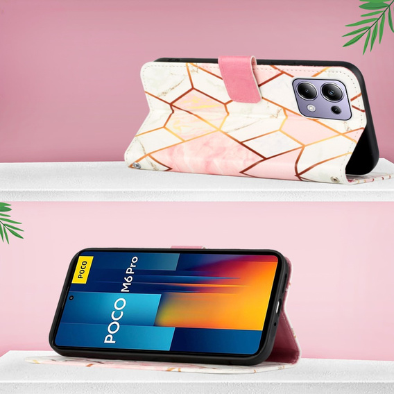 Cu clapetă pentru Xiaomi Redmi Note 13 Pro 4G / Xiaomi Redmi Note 14S / Xiaomi Poco M6 Pro 4G, Wallet, Marble roz