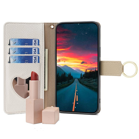 Carcasă flip pentru Xiaomi Redmi 13C / Poco C65, Wallet Zipper Pocket, cu oglindă, alb