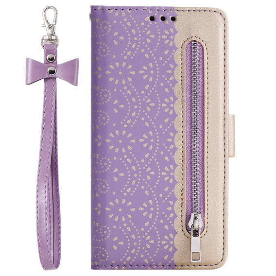 Carcasă cu clapetă pentru Samsung Galaxy S22+ Plus 5G, Wallet Pocket Zipper Lace, violet