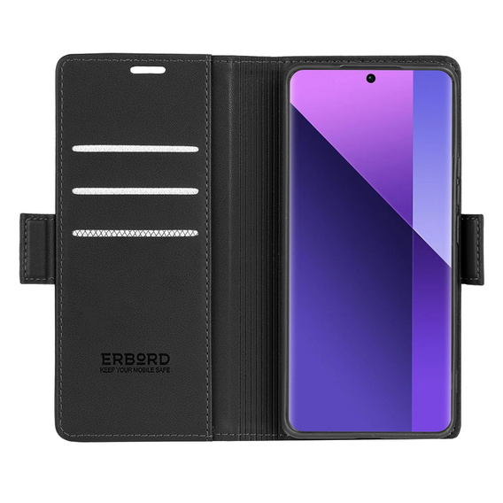 Husă pentru Xiaomi Redmi Note 13 Pro+, ERBORD Glossy Litchi, portofel cu clapetă, negru