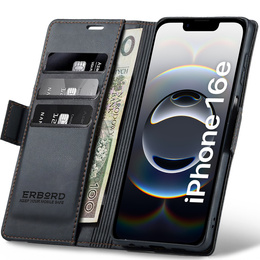 Husă pentru Iphone 16E, ERBORD Glossy Litchi, portofel cu clapetă, negru