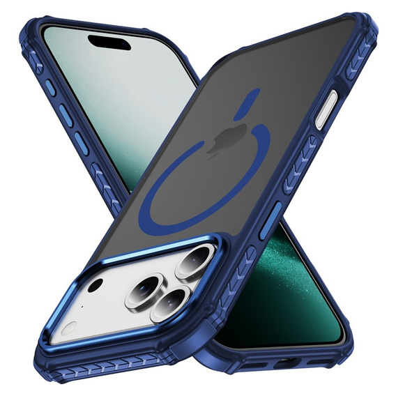Carcasă Matt pentru iPhone 17 Pro, blindată, pentru MagSafe, fumurie cu margini albastre