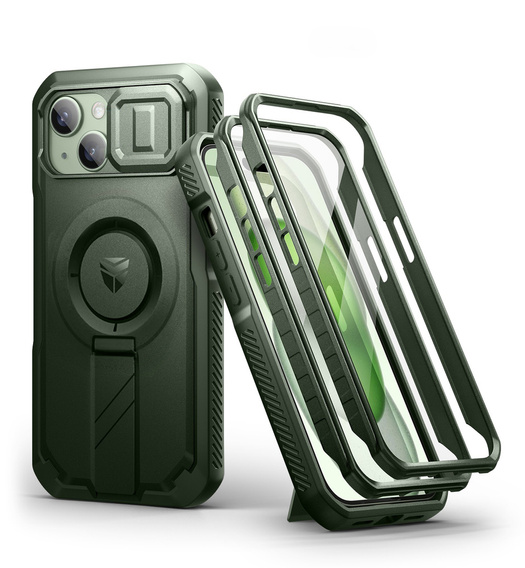 Husă blindată pentru iPhone 15, Dexnor CamProtect MagSafe, verde (Două rame)