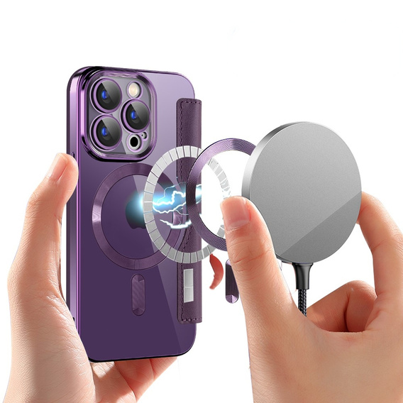 Cu clapetă pentru iPhone 15 Pro, RFID Wallet MagSafe CamShield, violet
