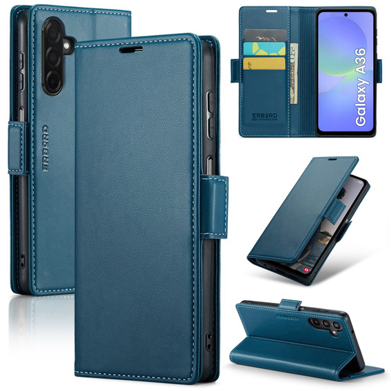 Husă pentru Samsung Galaxy A36, ERBORD Glossy Litchi, portofel cu clapetă, albastru