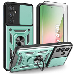 Carcasă blindată pentru Samsung Galaxy A56, CamShield Slide, verde + sticlă călită 9H