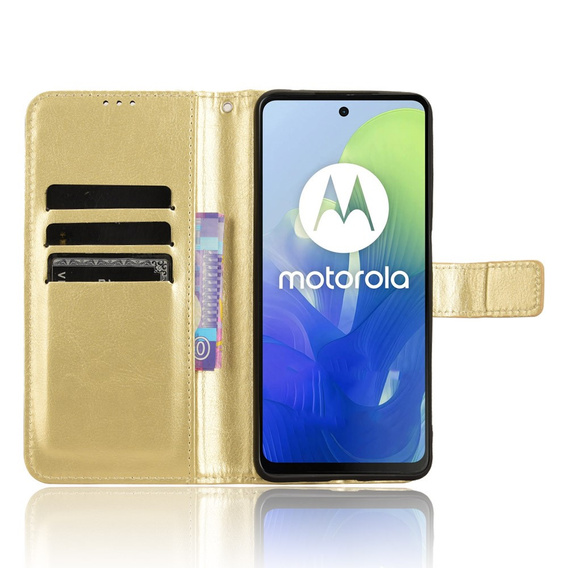 Cu clapetă pentru Motorola Moto E14, Crazy Horse Wallet, de aur