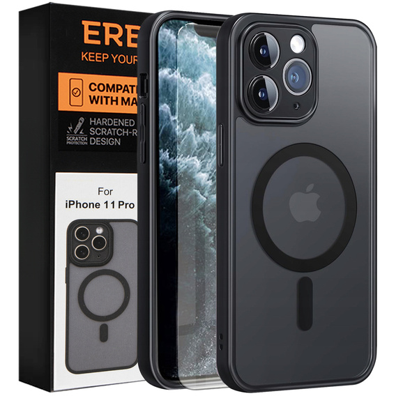 Husă pentru iPhone 11 Pro, pentru MagSafe, ERBORD Matt Case, negru + sticlă pentru ecran