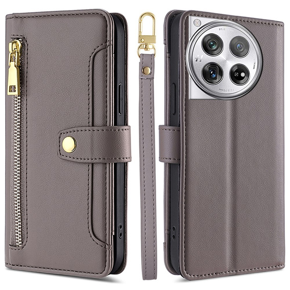 Cu clapetă pentru OnePlus 12 5G, Wallet Zipper Pocket, gri