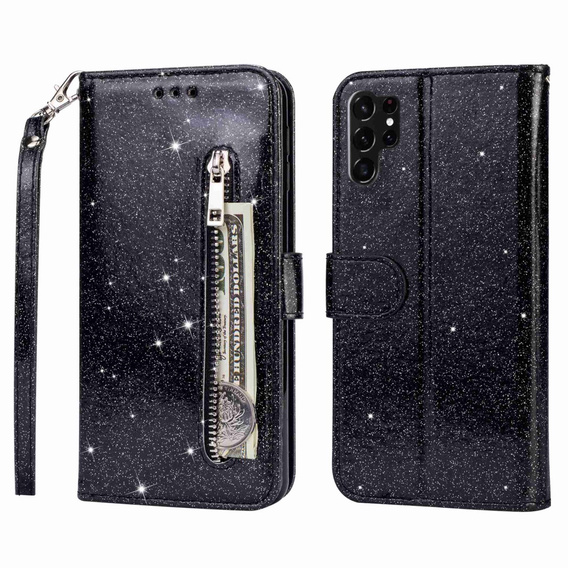 Cu clapetă pentru Samsung Galaxy S24 Ultra, Wallet Zipper Pocket Glittery, negru