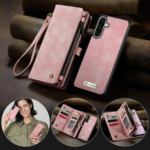 Husă CASEME pentru Samsung Galaxy A56 5G, Retro Leather Wallet, cu curea de umăr, roz