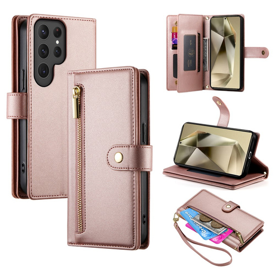 Cu clapetă pentru Samsung Galaxy S25 Ultra, Wallet Zipper Pocket, roz