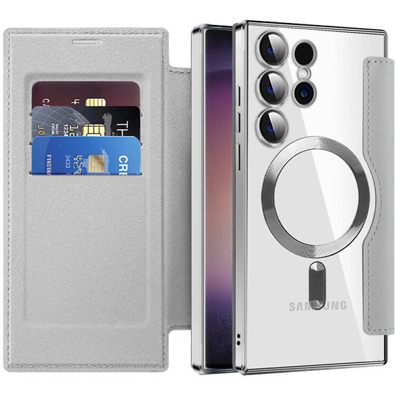 Cu clapetă pentru Samsung Galaxy S24 Ultra, RFID Wallet MagSafe CamShield, de argint